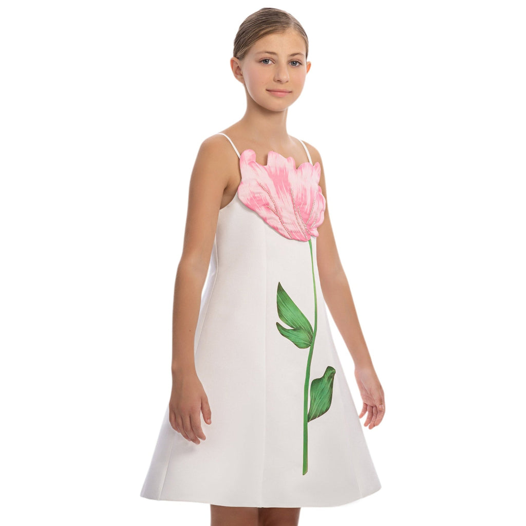 Blooming Belle girls formal dress in off-white satin with delicate floral appliqués and embroidery. — view 3