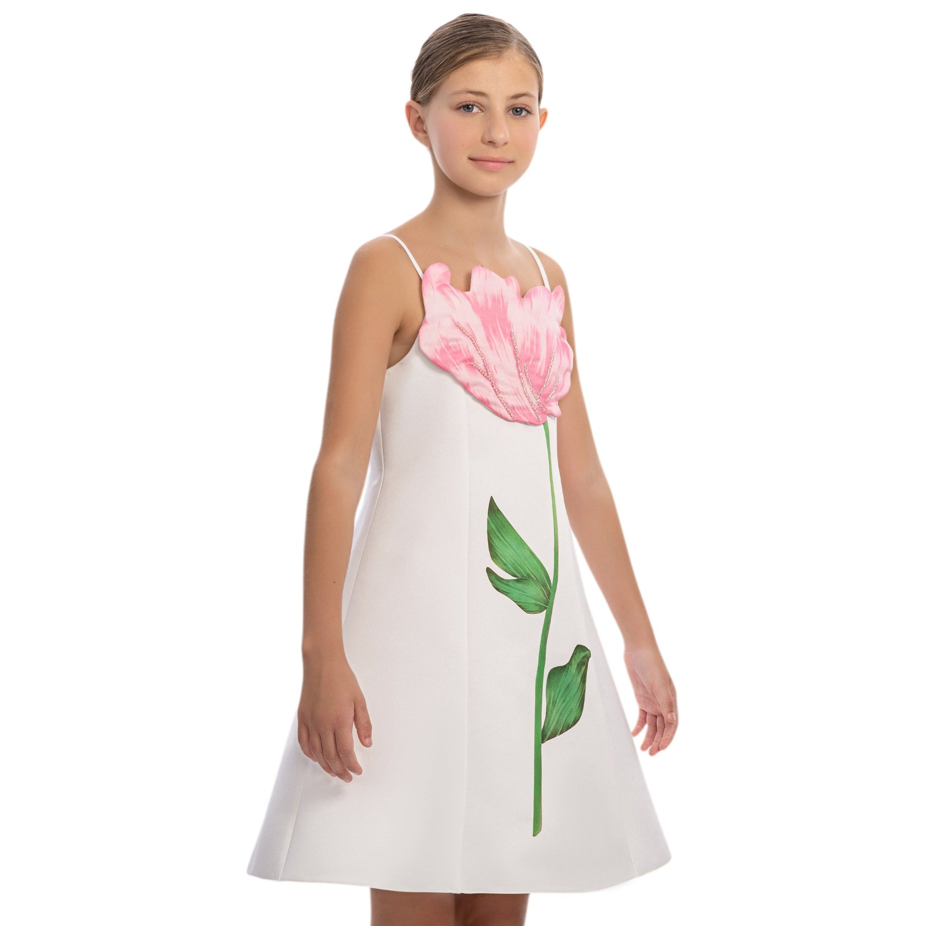 Blooming Belle girls formal dress in off-white satin with delicate floral appliqués and embroidery. — view 3