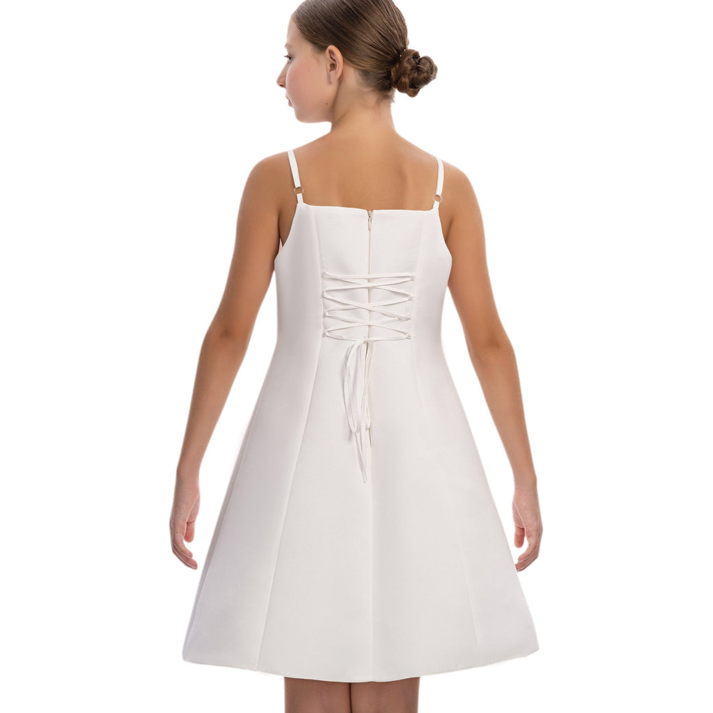 Blooming Belle girls formal dress in off-white satin with delicate floral appliqués and embroidery. — view 4