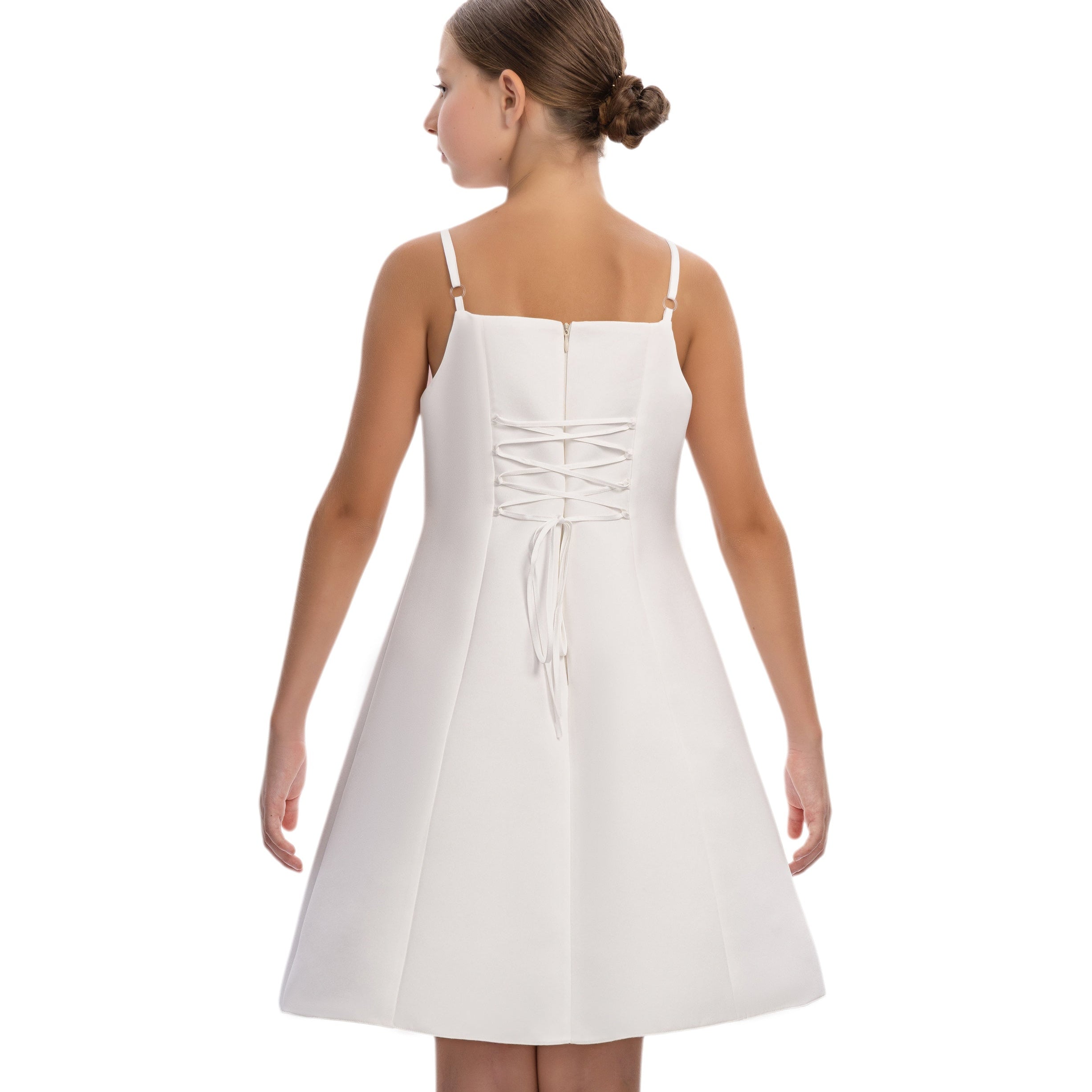 Blooming Belle girls formal dress in off-white satin with delicate floral appliqués and embroidery. — view 4