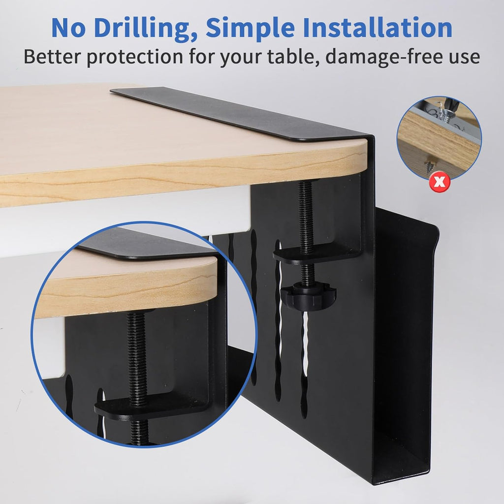 Black carbon steel under desk laptop organizer tray with magnetic pen holder and cable management.