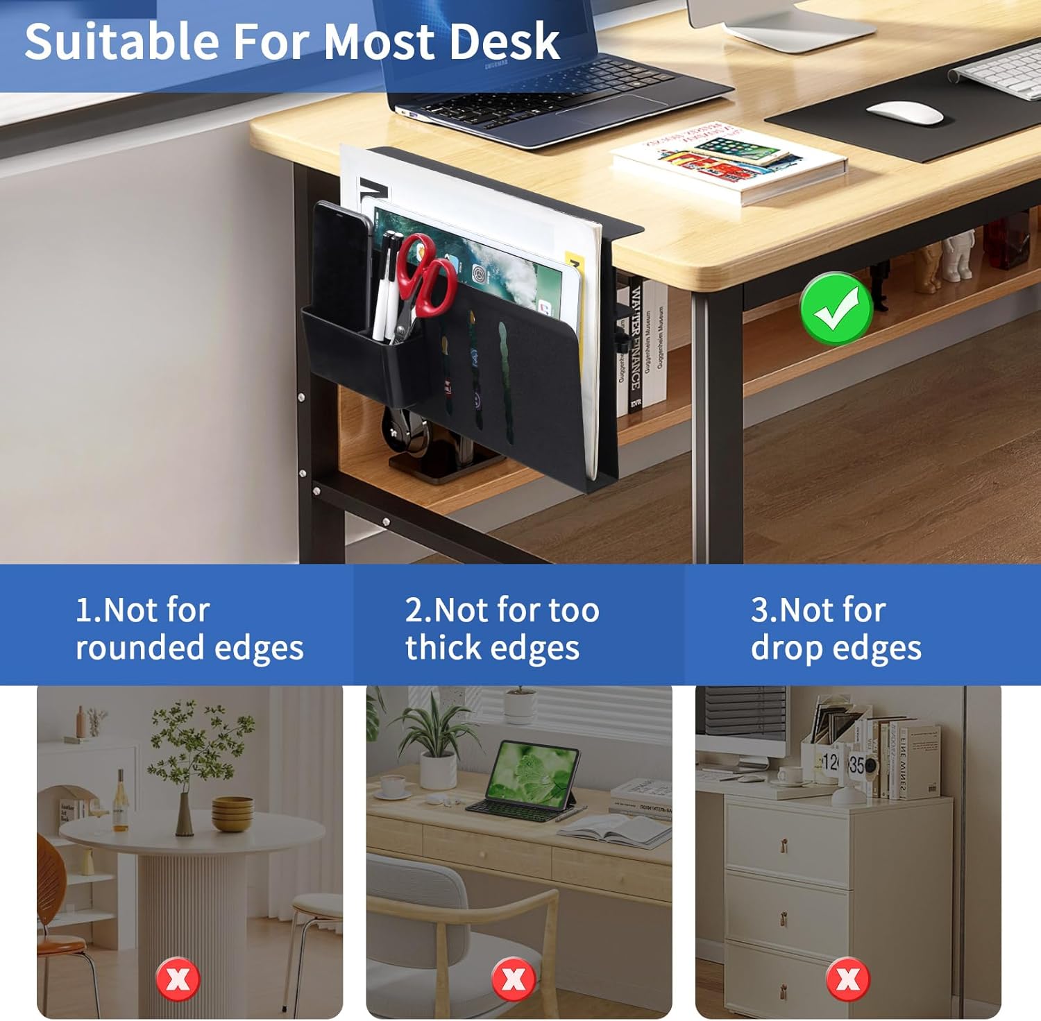 Black carbon steel under desk laptop organizer tray with magnetic pen holder and cable management. — view 2