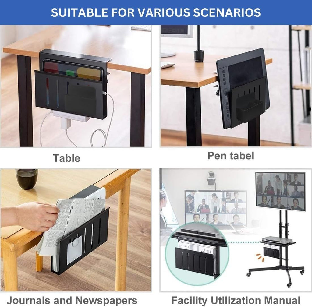 Black carbon steel under desk laptop organizer tray with magnetic pen holder and cable management. — view 3