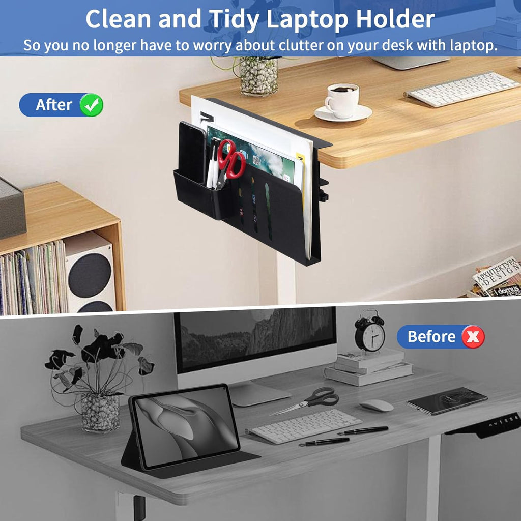 Black carbon steel under desk laptop organizer tray with magnetic pen holder and cable management. — view 4