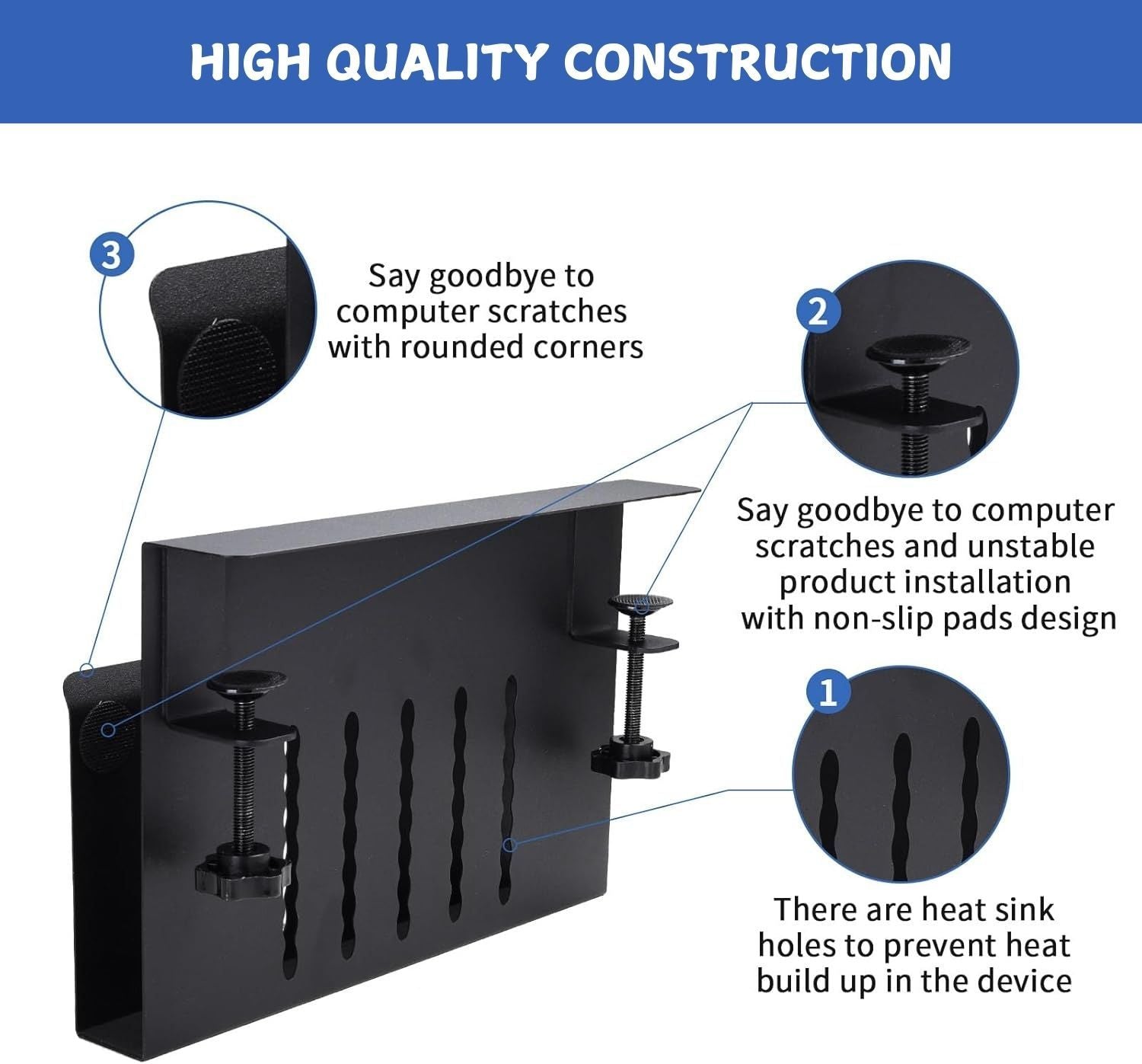 Black carbon steel under desk laptop organizer tray with magnetic pen holder and cable management. — view 5