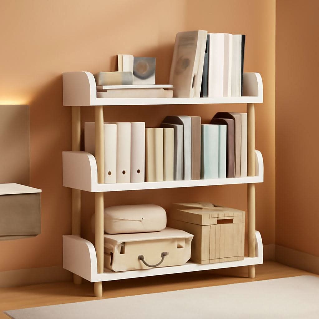 3 tier wooden open bookcase in warm white and oak finish with solid wood legs.