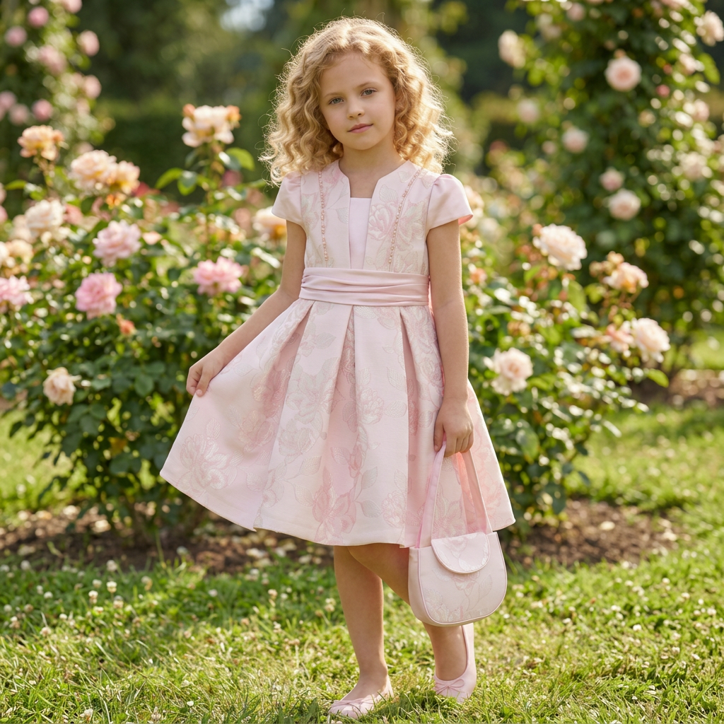 Elegant off-white girls formal dress with floral texture, flared skirt, and a matching small handbag. — view 2