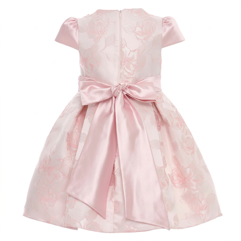 Elegant off-white girls formal dress with floral texture, flared skirt, and a matching small handbag. — view 3