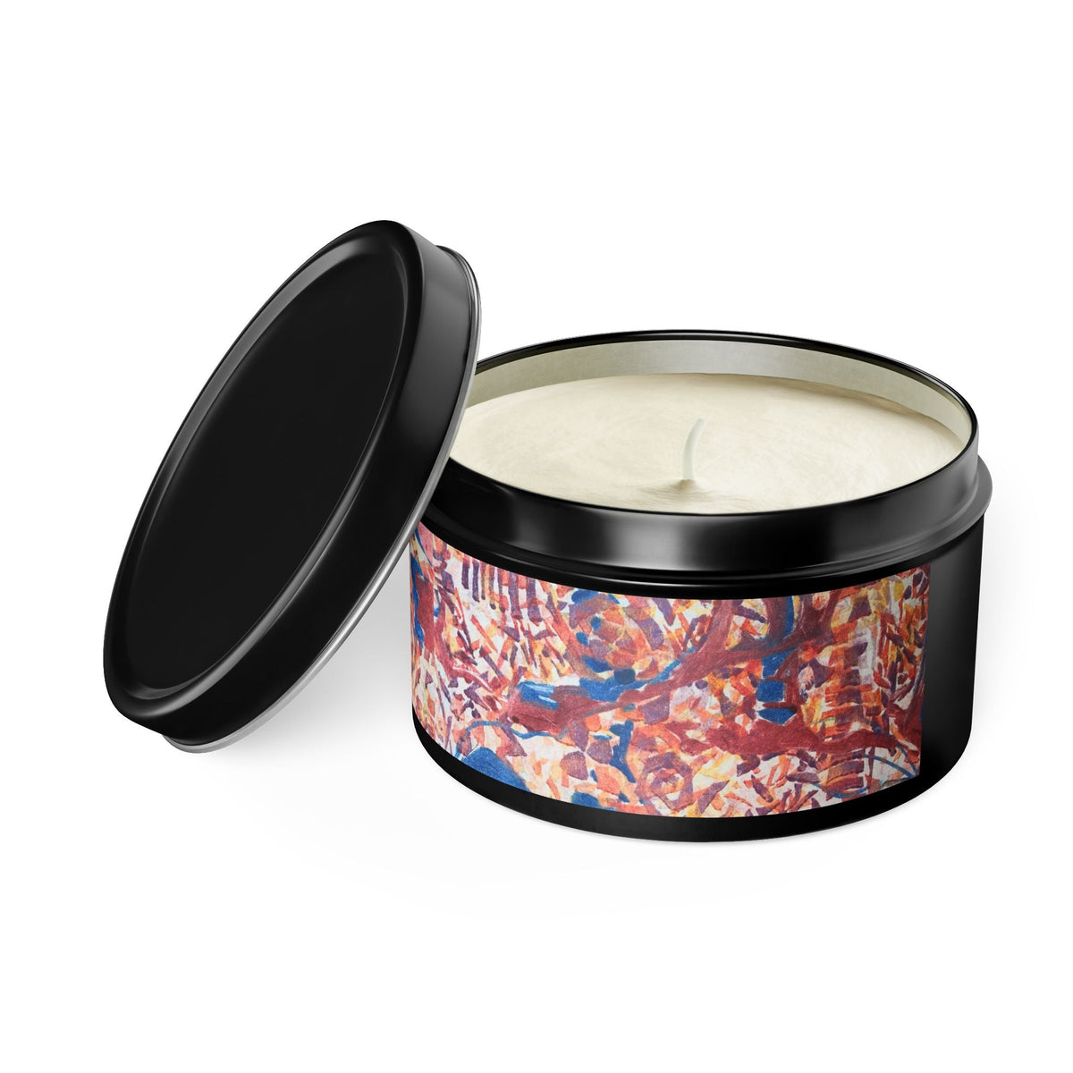 8oz Eco-Friendly Scented or Unscented Soy Wax Tin Candle with 'Abstract Fusion' Abstract Artwork by American Artist Barbara Cleary-1