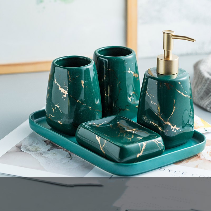Ceramic bathroom soap dispenser and toothbrush holder set with modern golden marble effect — view 2