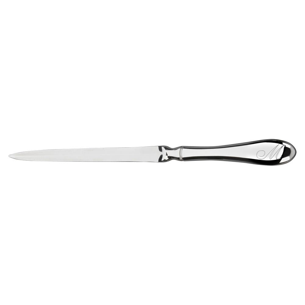 Traditional Paul Revere style nickel plated letter opener inside a sleek black gift box