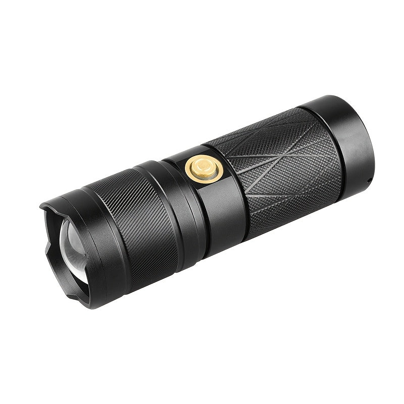 Rechargeable tactical flashlight in black aluminum alloy featuring COB side light and a flat magnetic base