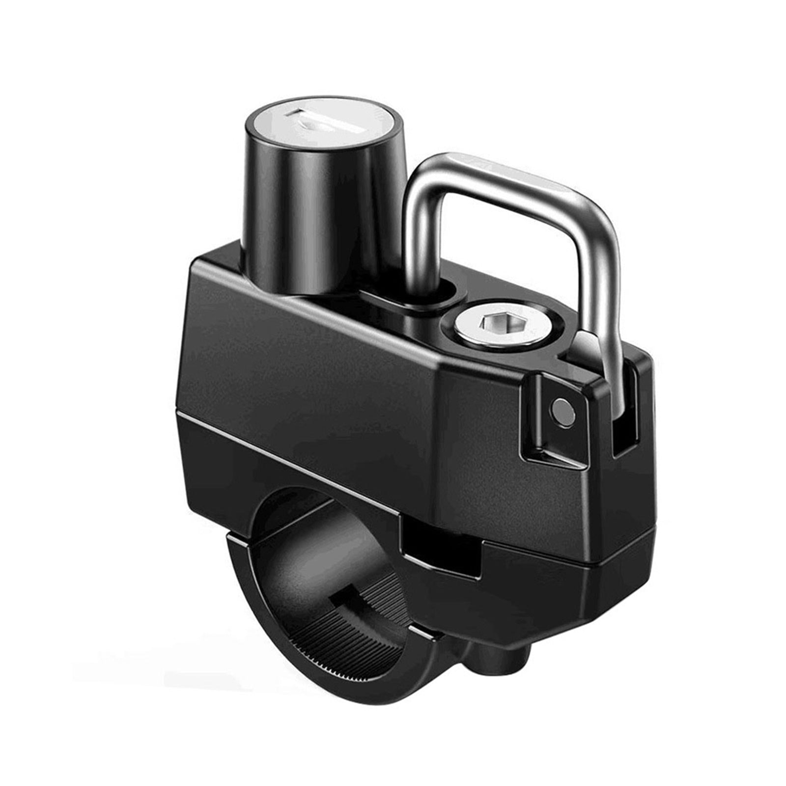 Black metal motorcycle helmet lock with two keys for 22mm and 25mm handlebar frame tubes