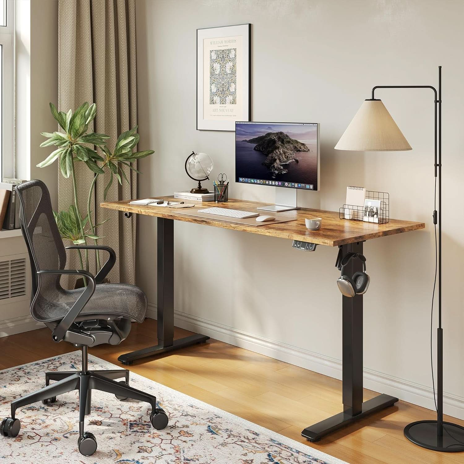 Rustic brown electric standing desk with black steel T-shaped frame and adjustable height features — view 2