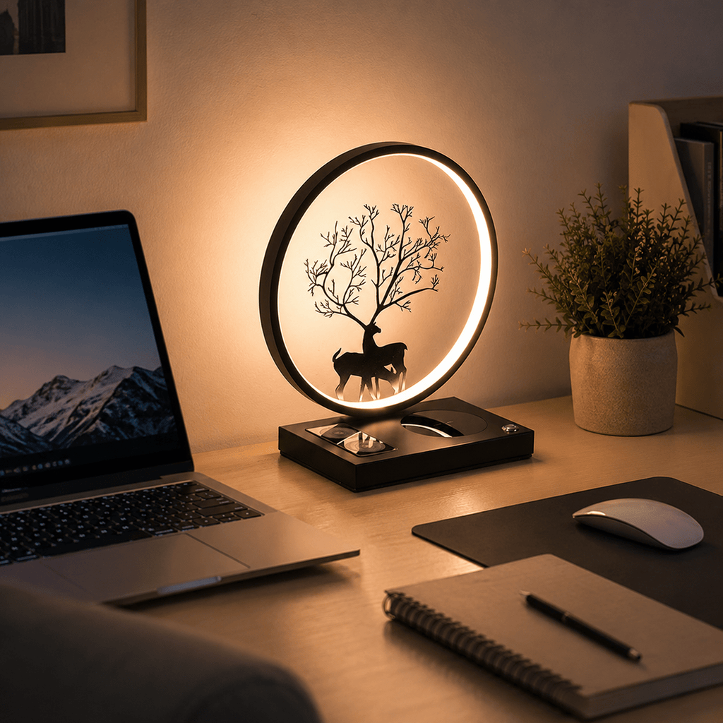 3-in-1 LED bedside desk lamp with built-in wireless charging pad and audio speaker. — view 2