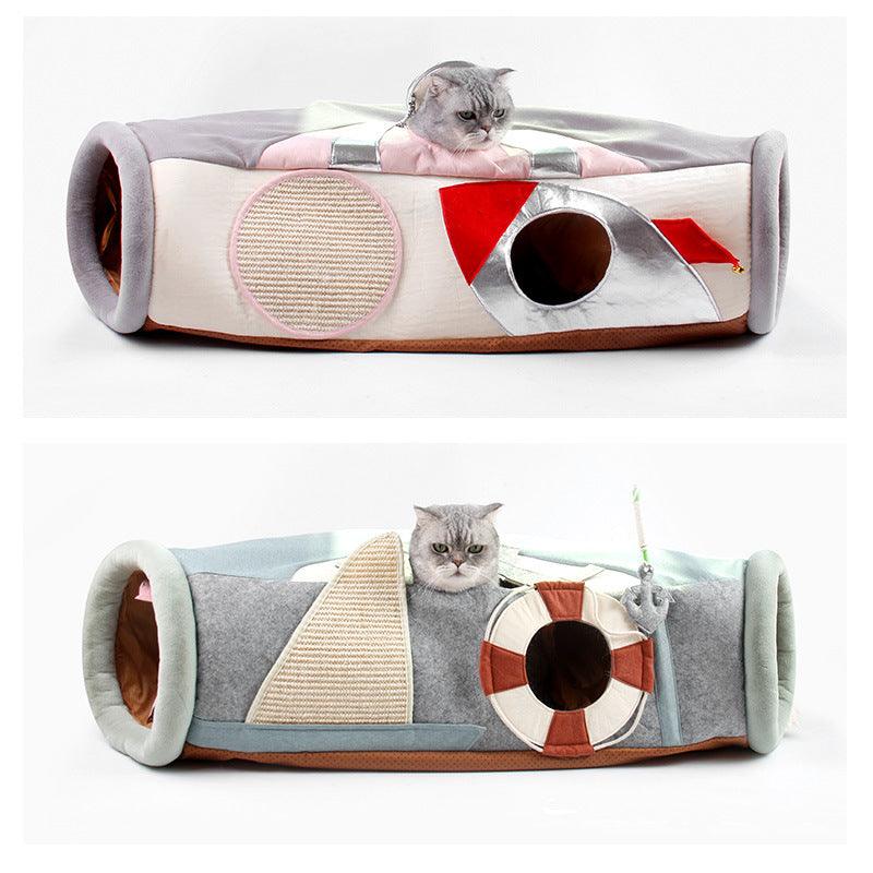 Foldable semi enclosed cloth cat scratcher and hideaway litter box in a modern tunnel design — view 3