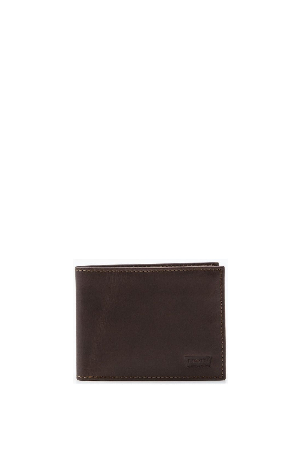 Levi's men's bifold wallet in black full-grain leather featuring a coin pocket and card slots