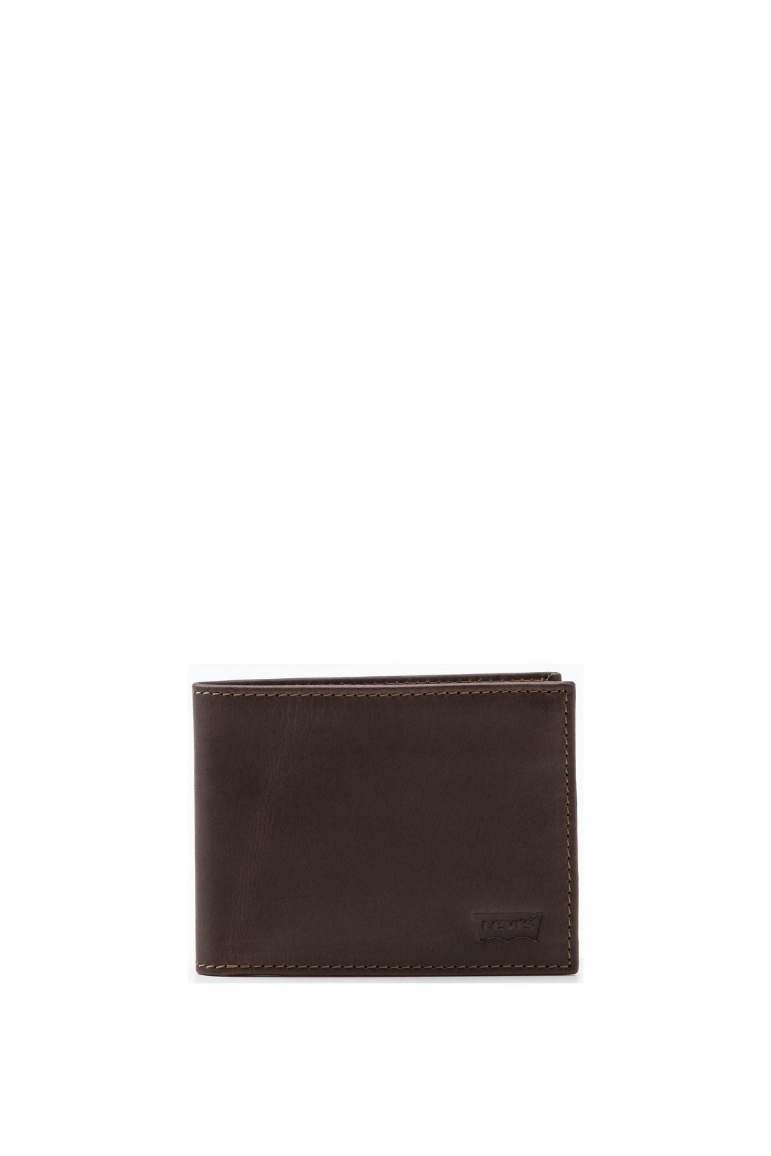Levi's men's bifold wallet in black full-grain leather featuring a coin pocket and card slots