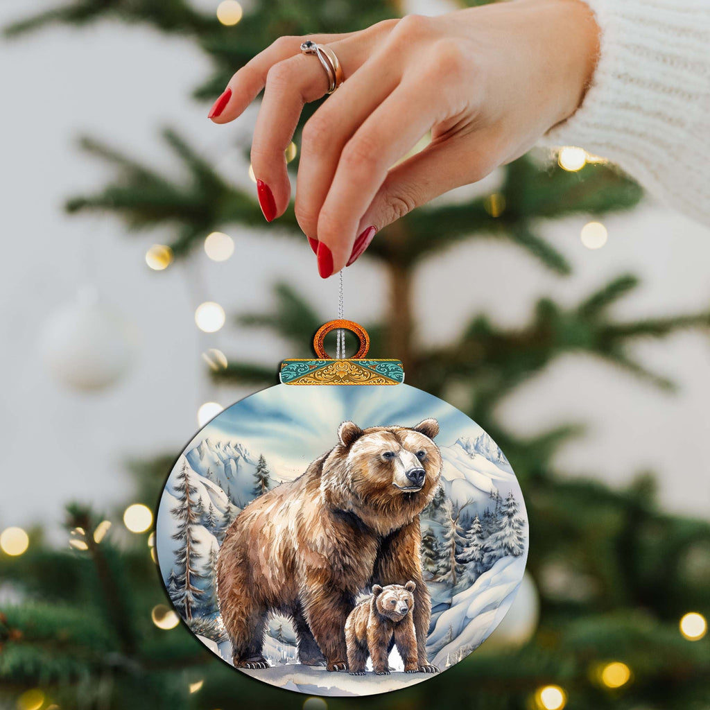 Grizzly bear with cub wooden ornament handcrafted birch plywood wildlife Christmas decor — view 4