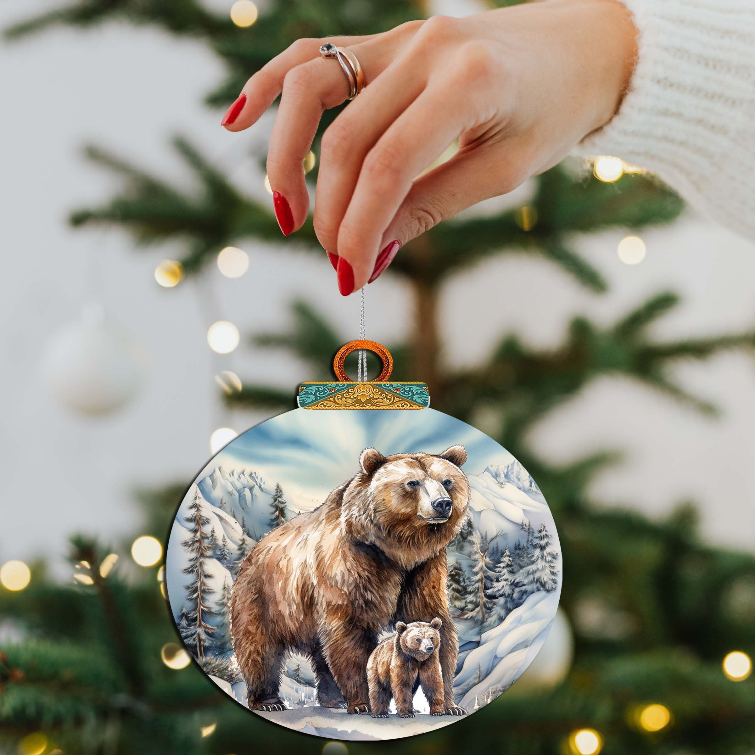 Grizzly bear with cub wooden ornament handcrafted birch plywood wildlife Christmas decor — view 4