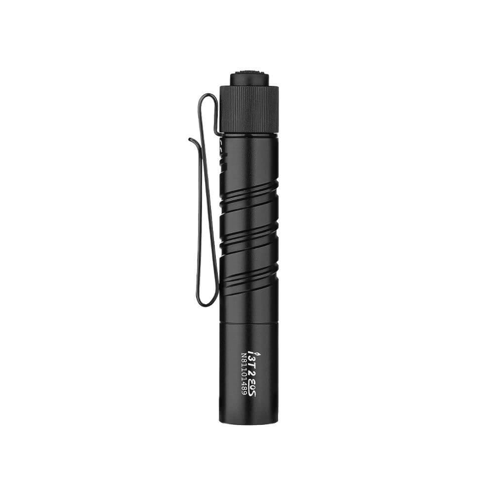 Olight i3T 2 EOS EDC Flashlight in dark aluminum with secure pocket clip and textured handle