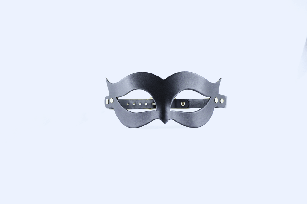 Handmade black leather fetish mask with gold-tone rivets and adjustable buckle strap for a secure fit. — view 2