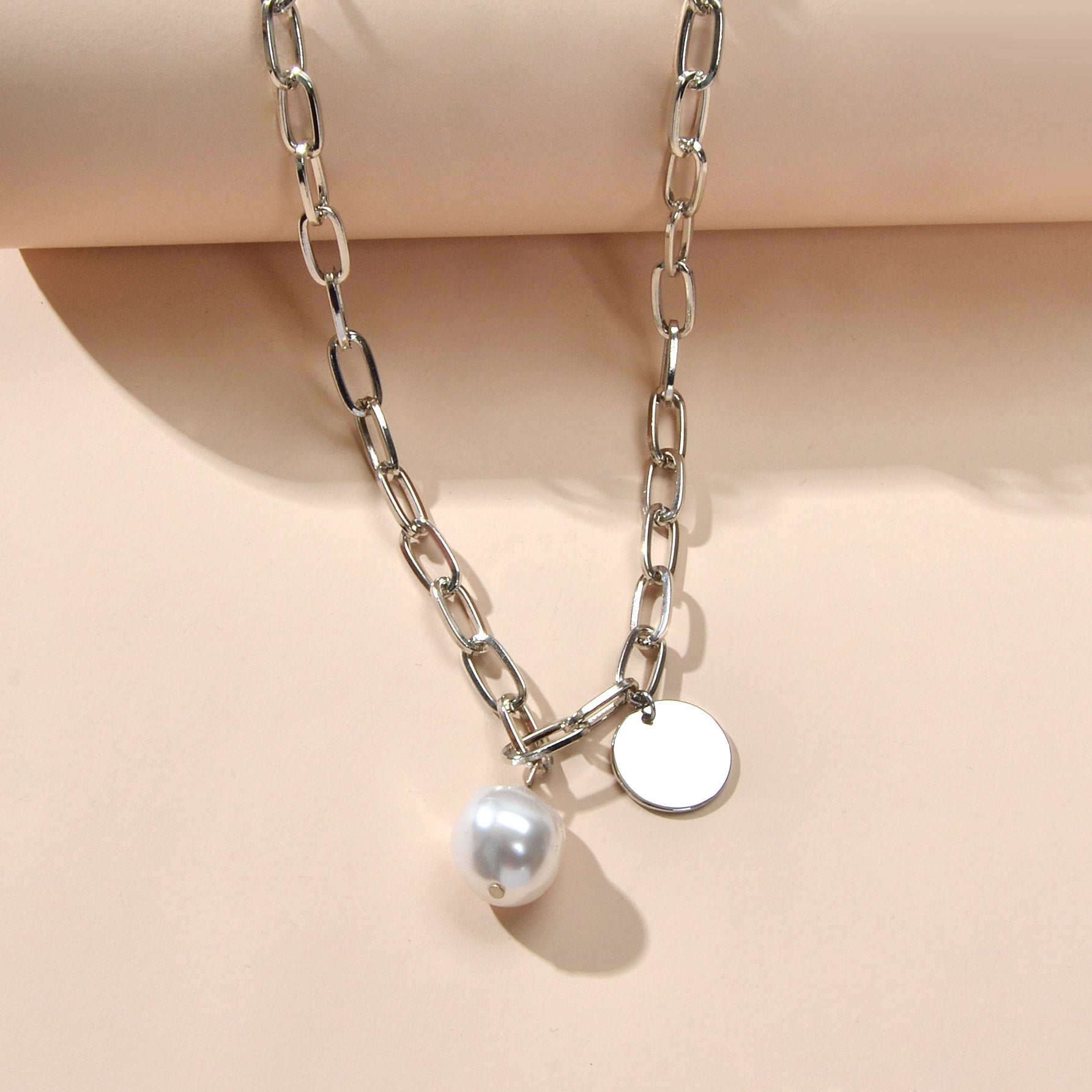 Silver chain pearl disc necklace for women featuring a shiny pendant for elegant party wear — view 3