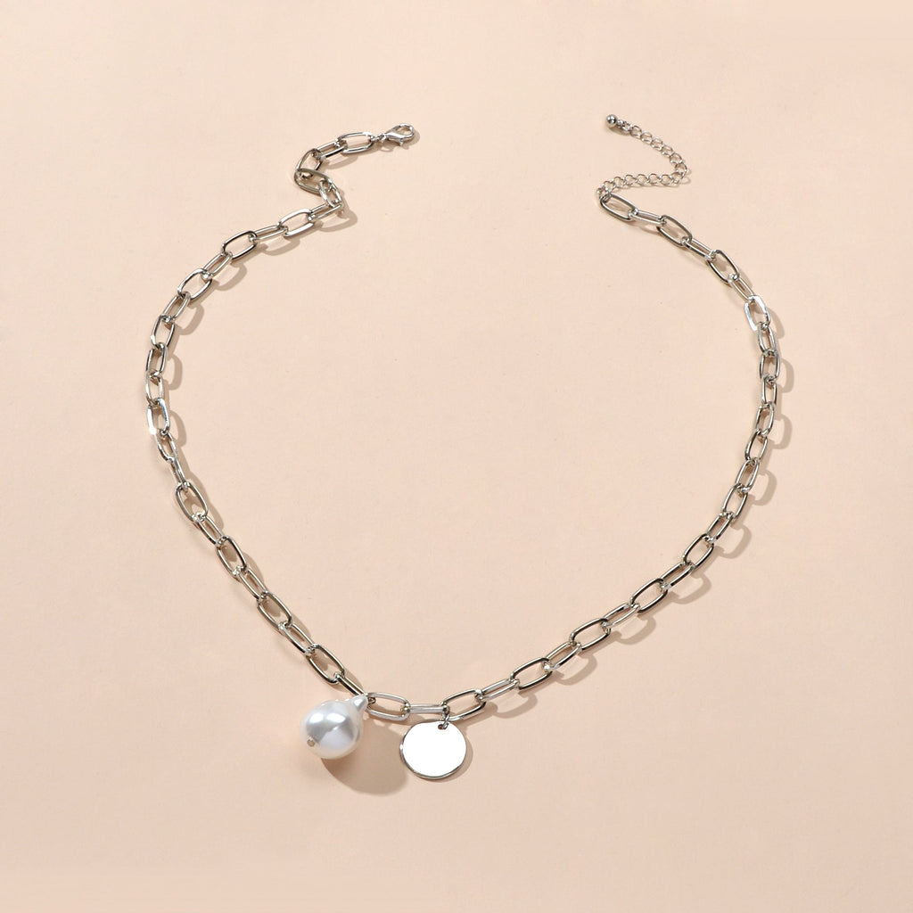 Silver chain pearl disc necklace for women featuring a shiny pendant for elegant party wear — view 4
