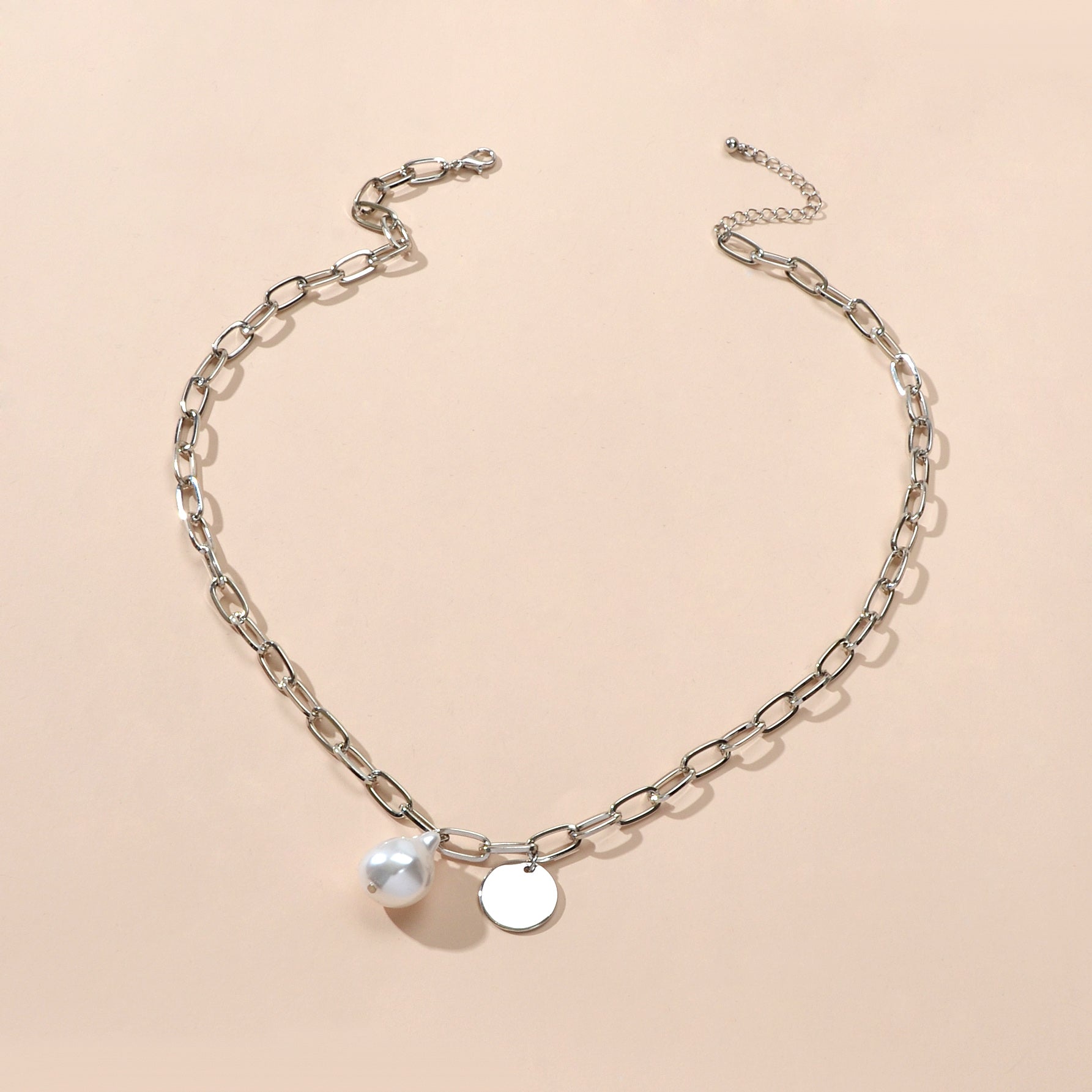 Silver chain pearl disc necklace for women featuring a shiny pendant for elegant party wear — view 4