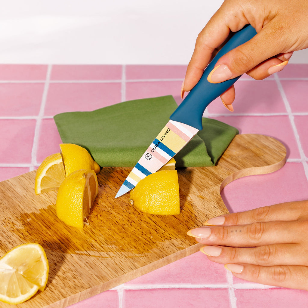 Three piece floral printed kitchen knife set with blade guards in high carbon German steel. — view 5