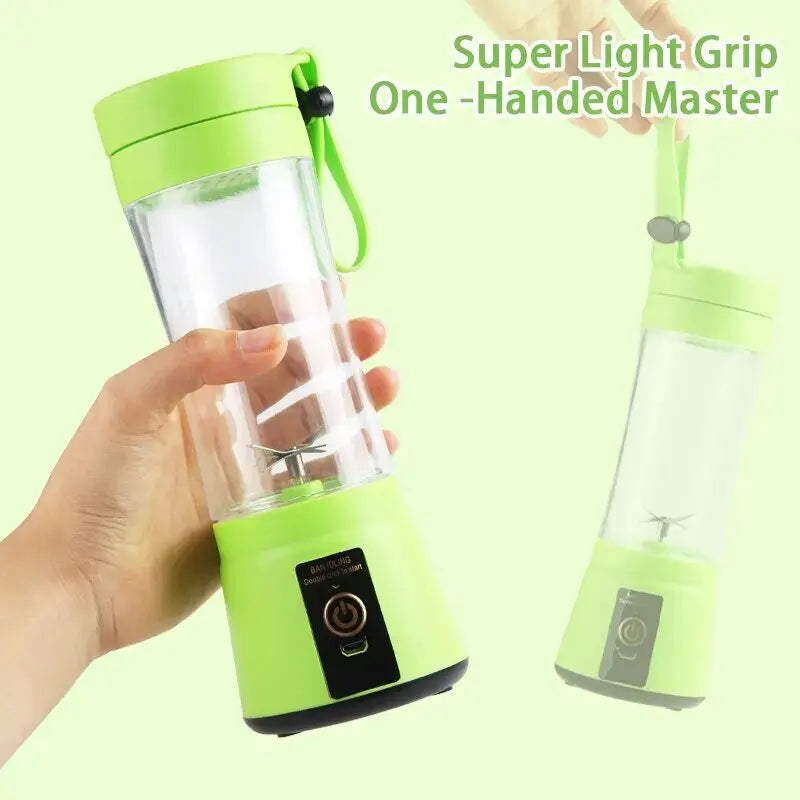 Green portable electric fruit juicer with carrying rope and stainless steel blades for travel smoothies. — view 3
