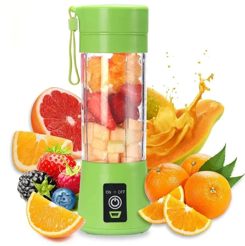 Green portable electric fruit juicer with carrying rope and stainless steel blades for travel smoothies.