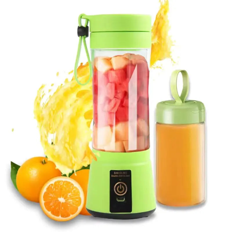 Green portable electric fruit juicer with carrying rope and stainless steel blades for travel smoothies. — view 2
