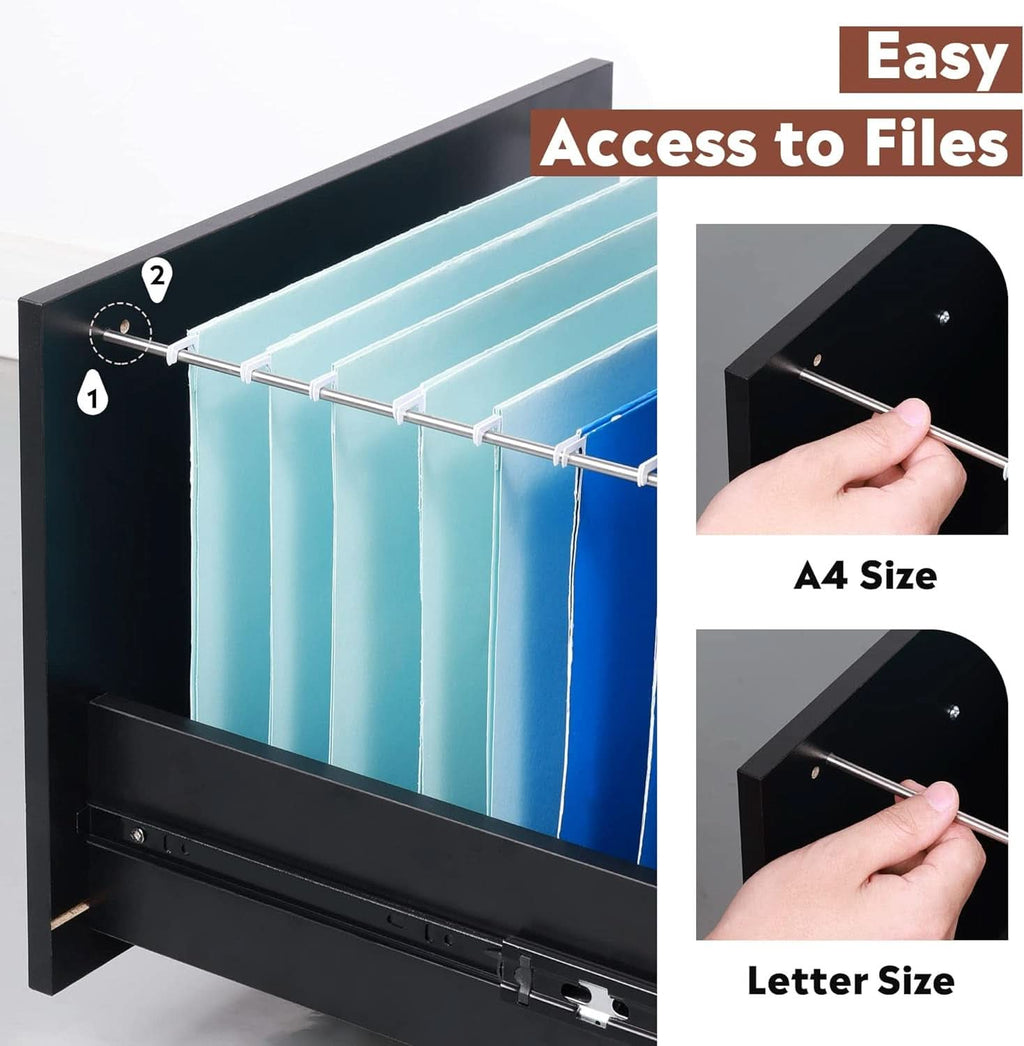 Black wood three drawer mobile file cabinet with rolling casters for home office organization — view 5