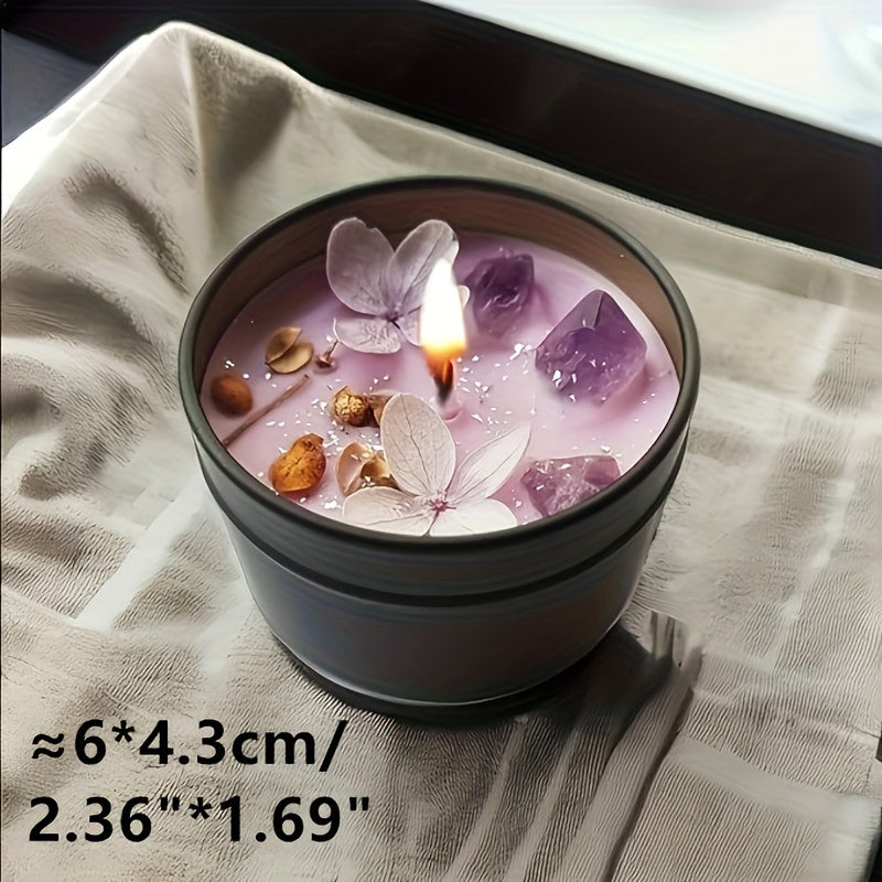 Lavender scented candle made of natural soy wax decorated with purple crystals and delicate floral petals — view 4