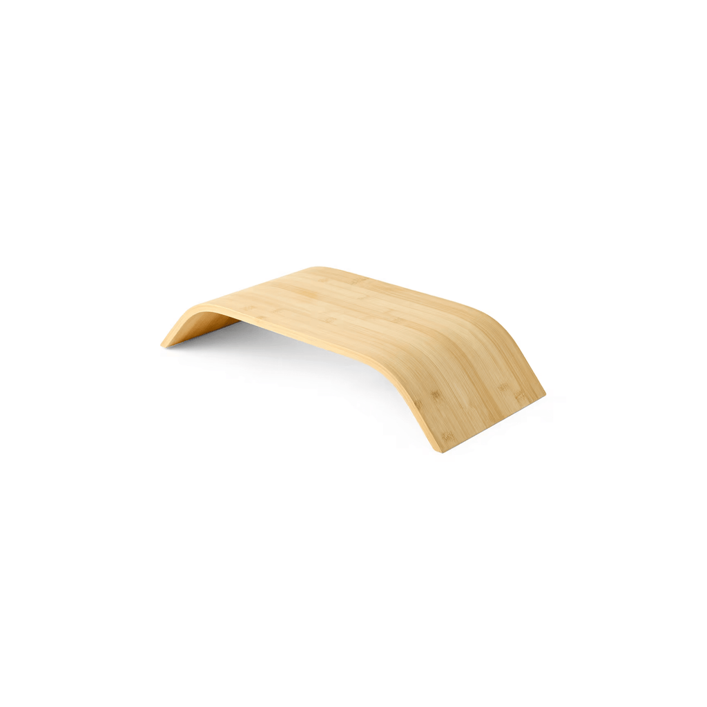Natural eco-friendly bamboo monitor stand with a spacious storage area underneath for desk organisation.