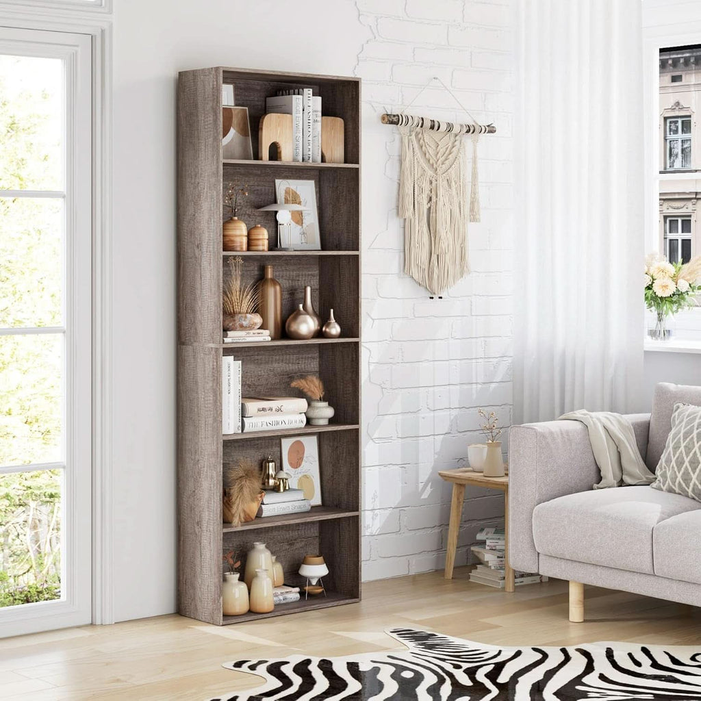 Gray oak 6-tier open bookcase freestanding wooden shelving unit for home office and bedroom storage — view 2