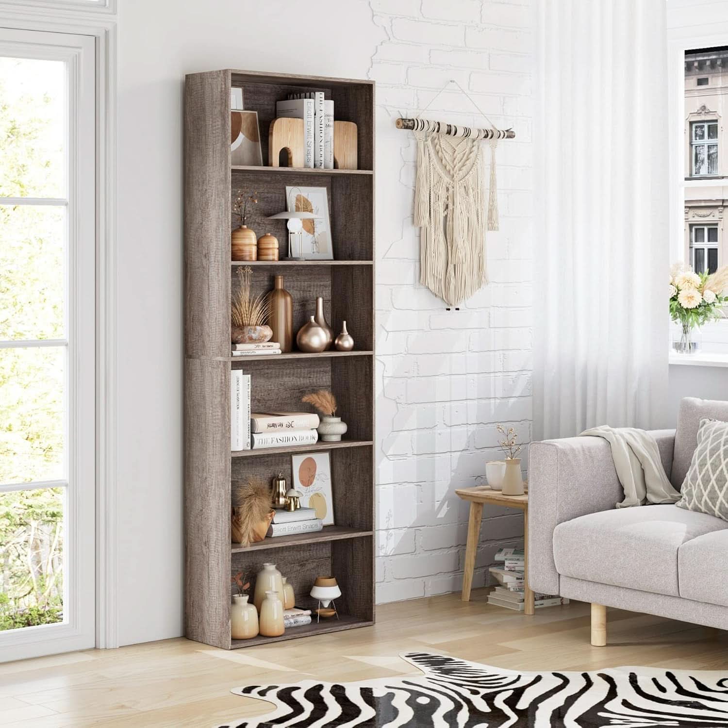 Gray oak 6-tier open bookcase freestanding wooden shelving unit for home office and bedroom storage — view 2