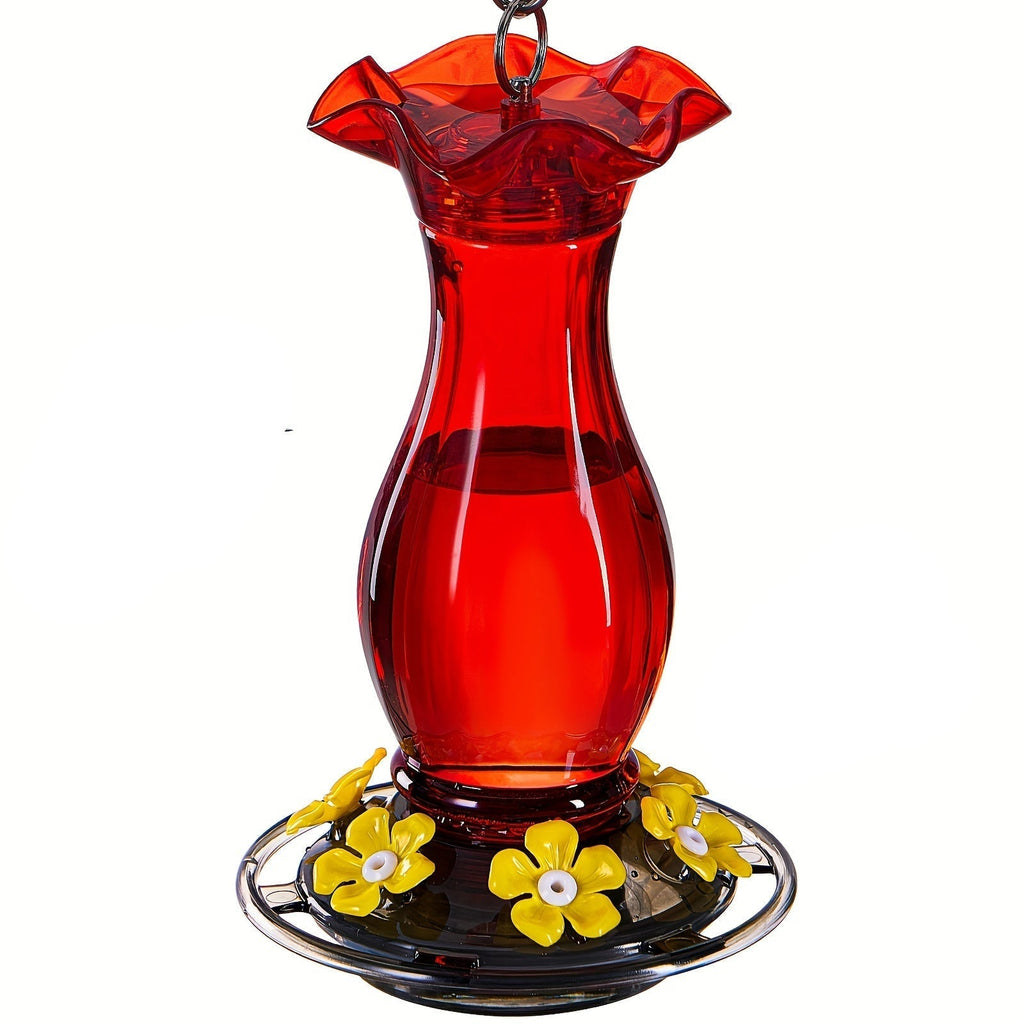 Red ant-moat hummingbird feeder with six feeding ports and leak-resistant plastic design