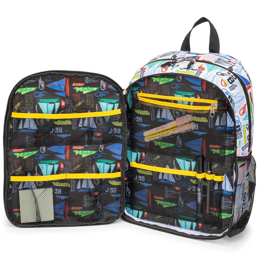 Kids sailboat print backpack in durable water-resistant polyester with padded shoulder straps and side bottle pockets — view 2