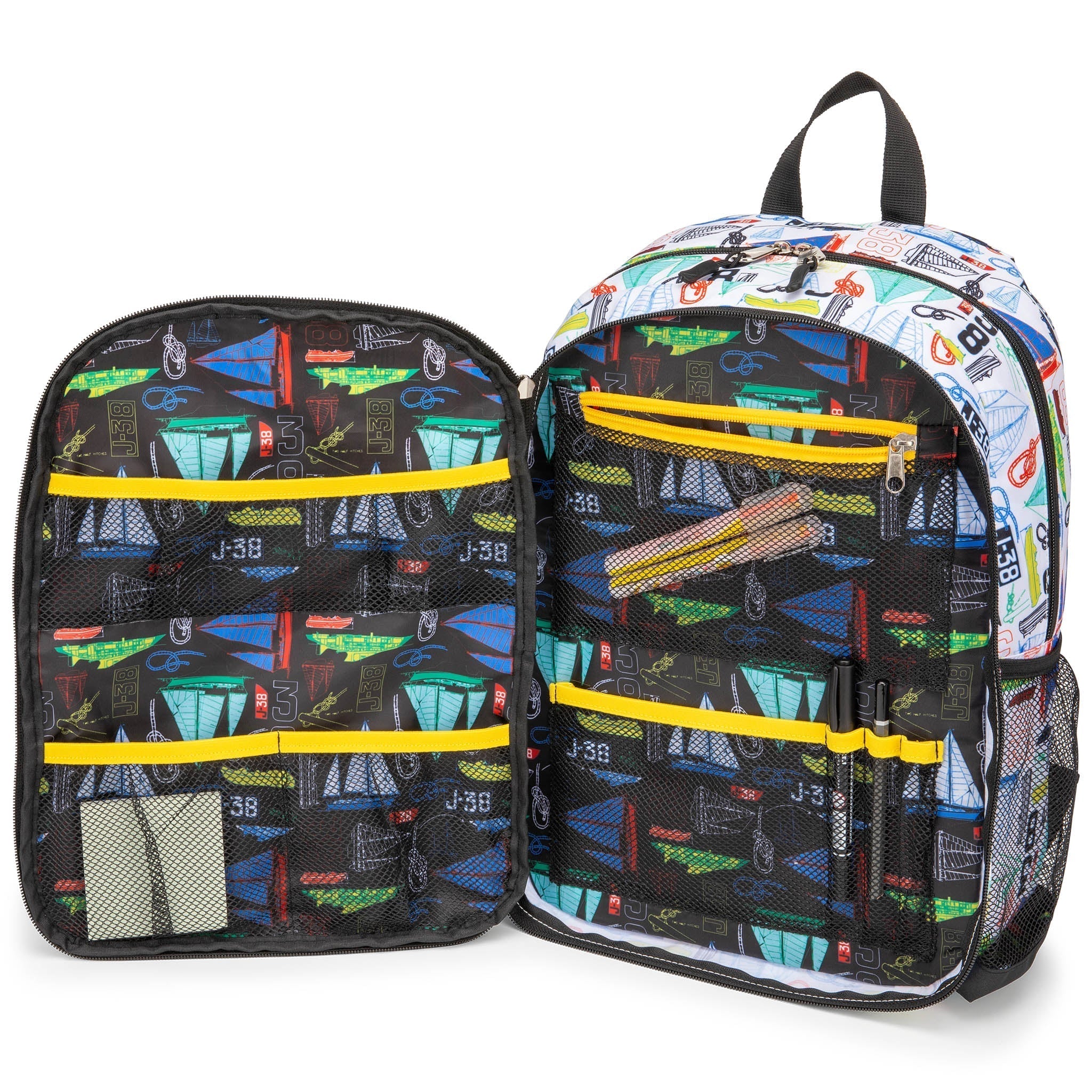 Kids sailboat print backpack in durable water-resistant polyester with padded shoulder straps and side bottle pockets — view 2