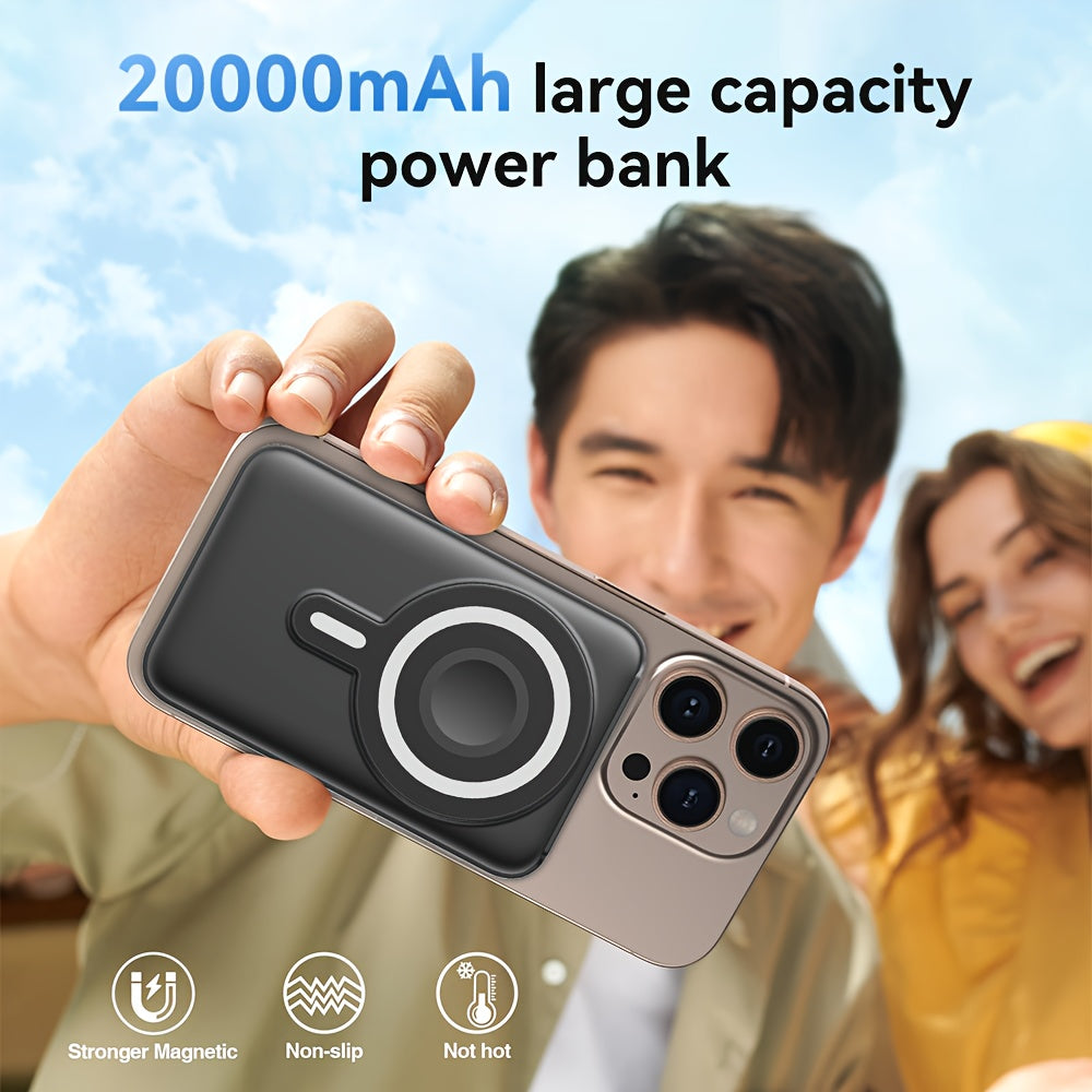 Black 3-in-1 magnetic wireless power bank with built-in stand and digital display for smartphones. — view 4