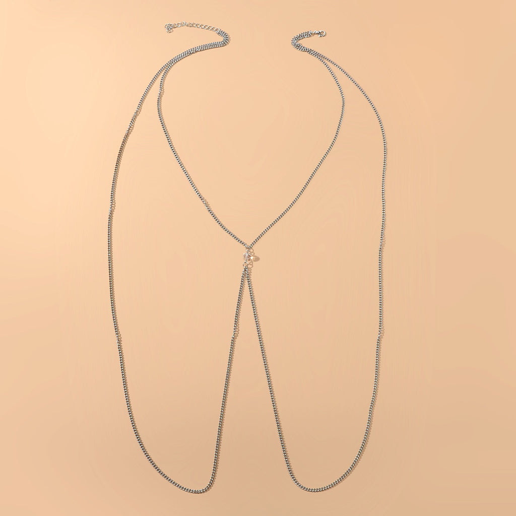 Silver-tone layered chest and belly body chain harness displayed for beach and festival fashion styling. — view 2
