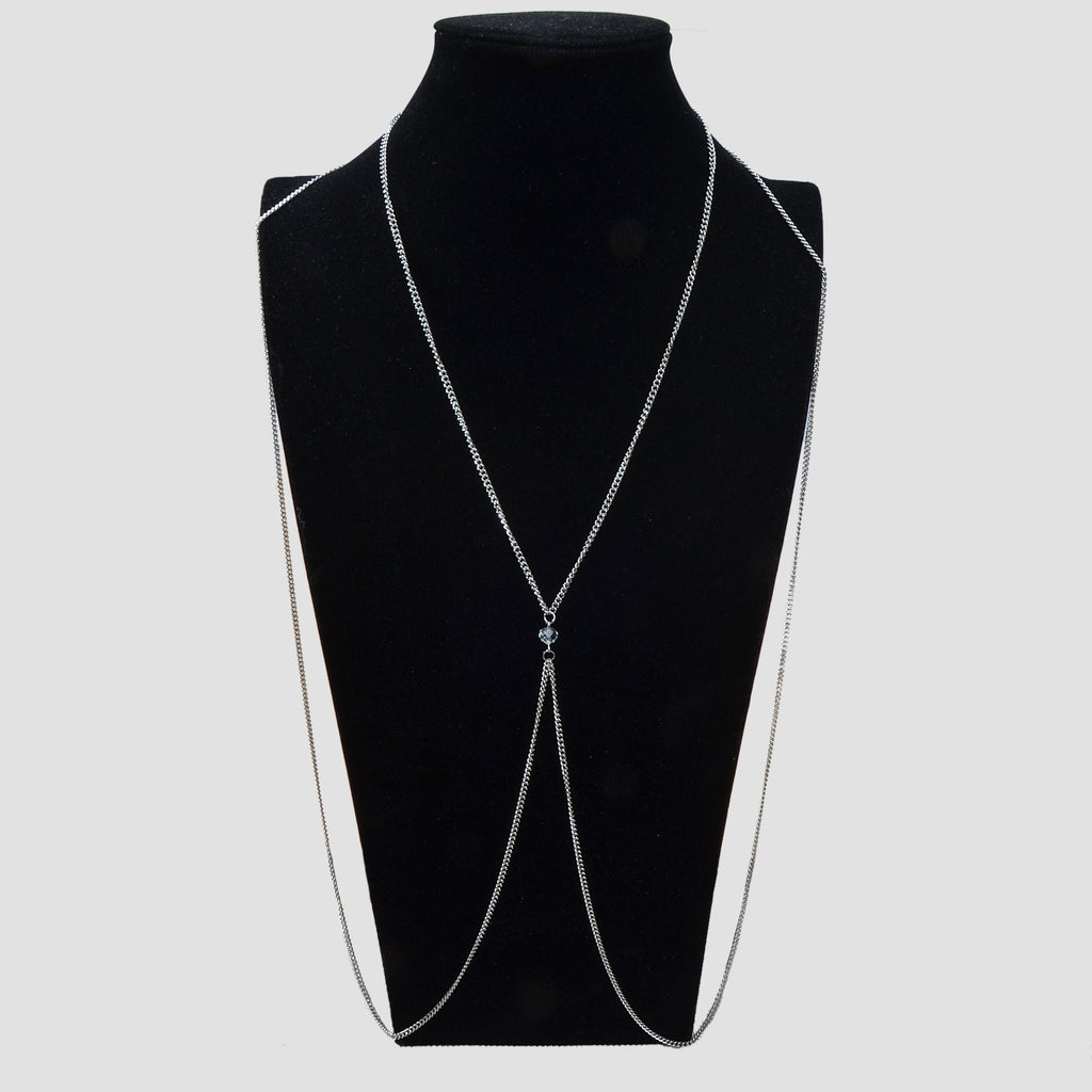 Silver-tone layered chest and belly body chain harness displayed for beach and festival fashion styling. — view 5