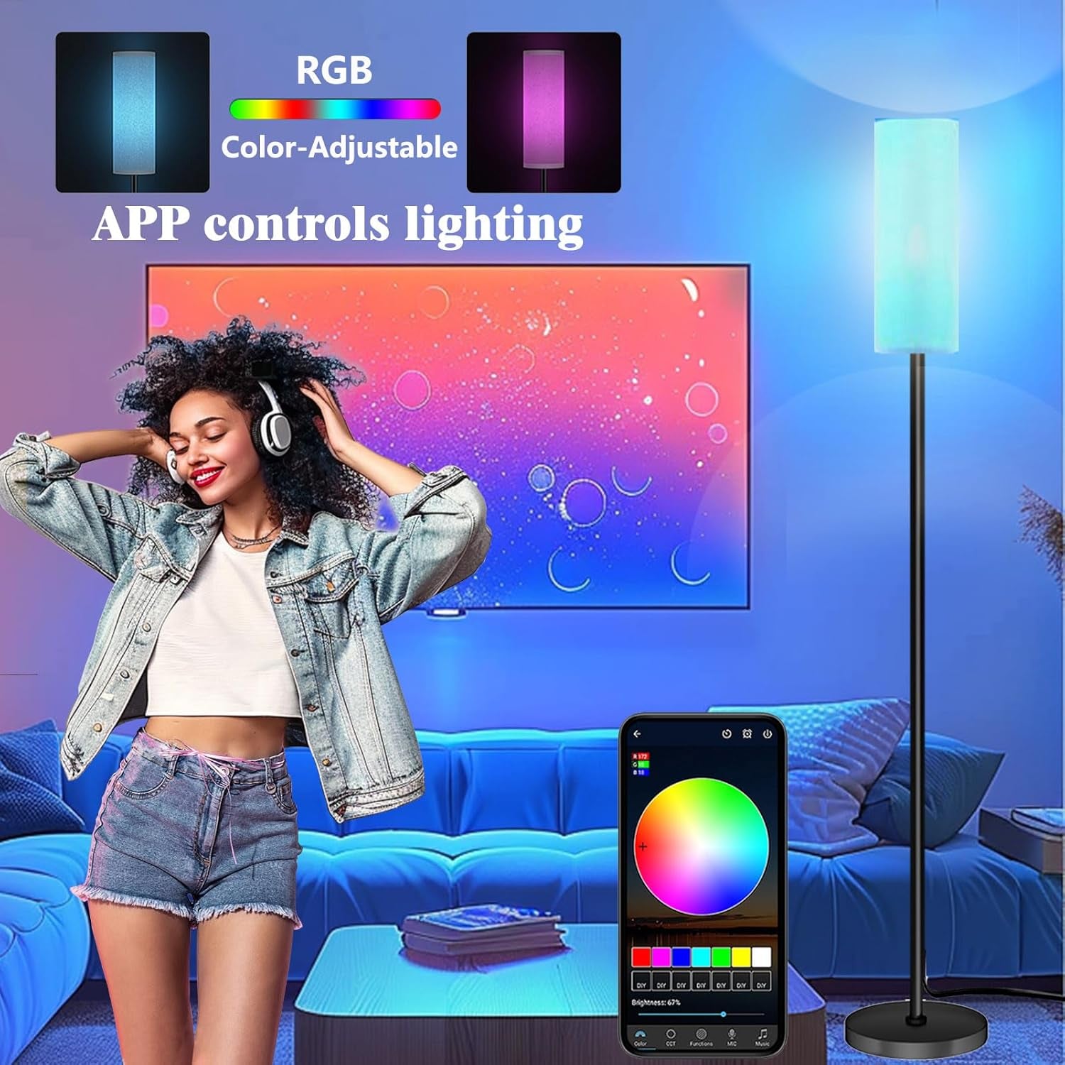 Tall smart LED floor lamp with black pole, white shade, and RGB color changing ambient light — view 4
