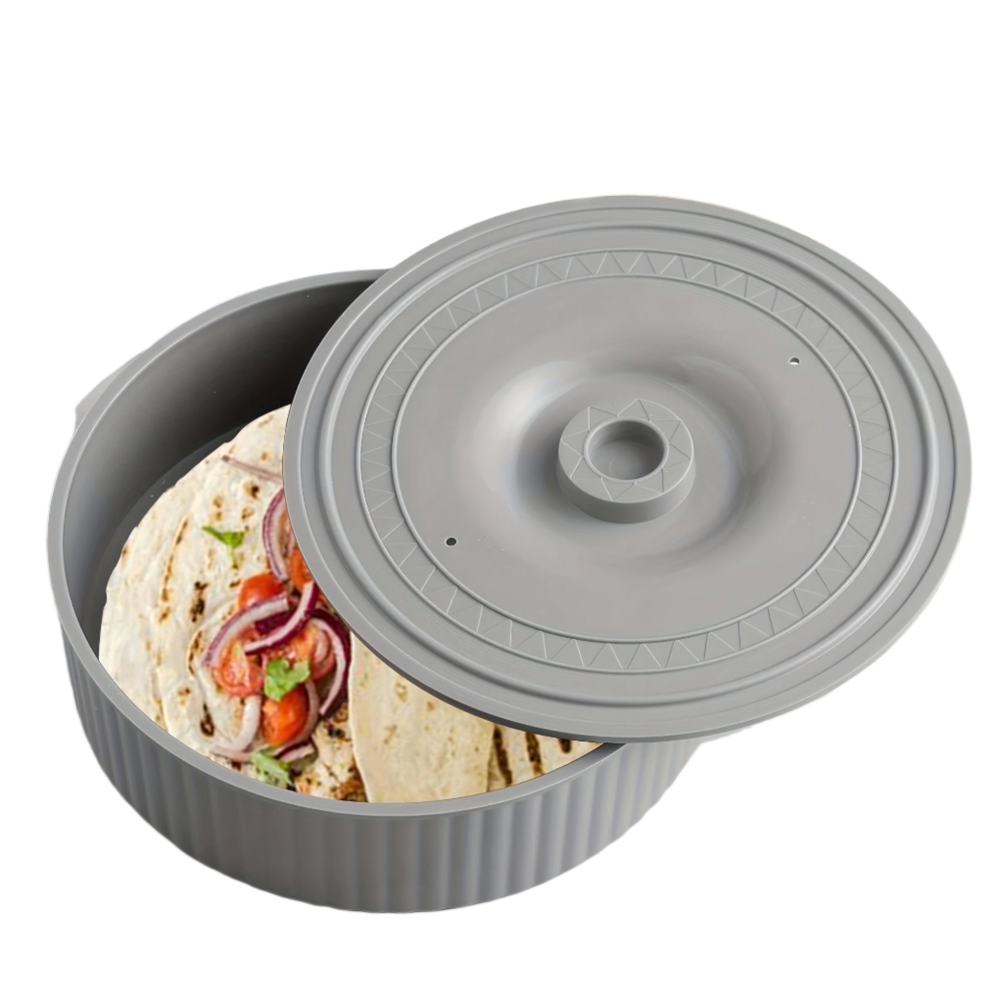 Microwave safe tortilla warmer with lid in light grey plastic for food storage
