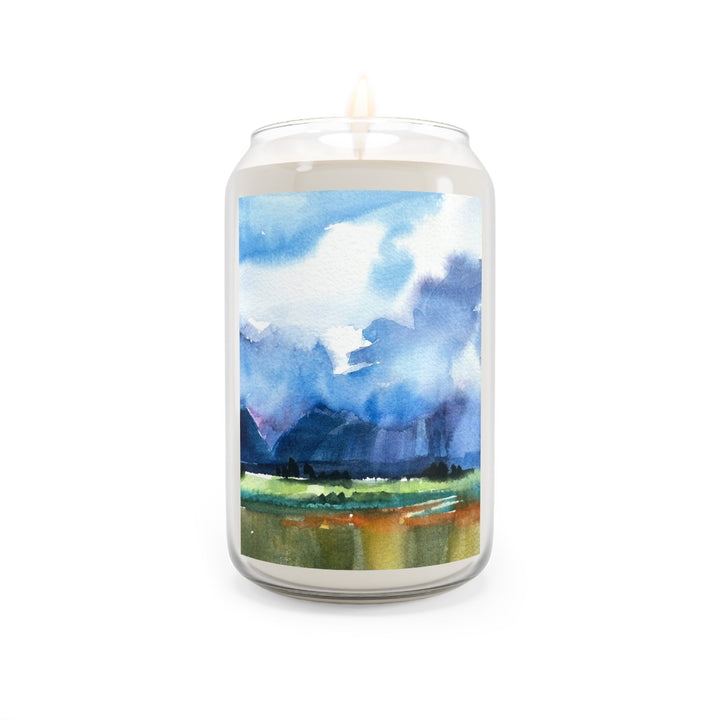 13.75oz Eco-Friendly Scented or Unscented Soy Wax Candle Jar with 'Tranquil Mountain View 4' Landscape Watercolor Artwork by American Artist Barbara Cleary
