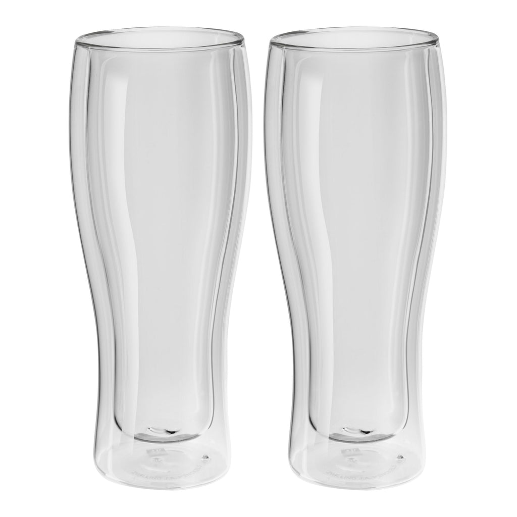 Two transparent ZWILLING double wall pilsner beer glasses crafted from borosilicate glass