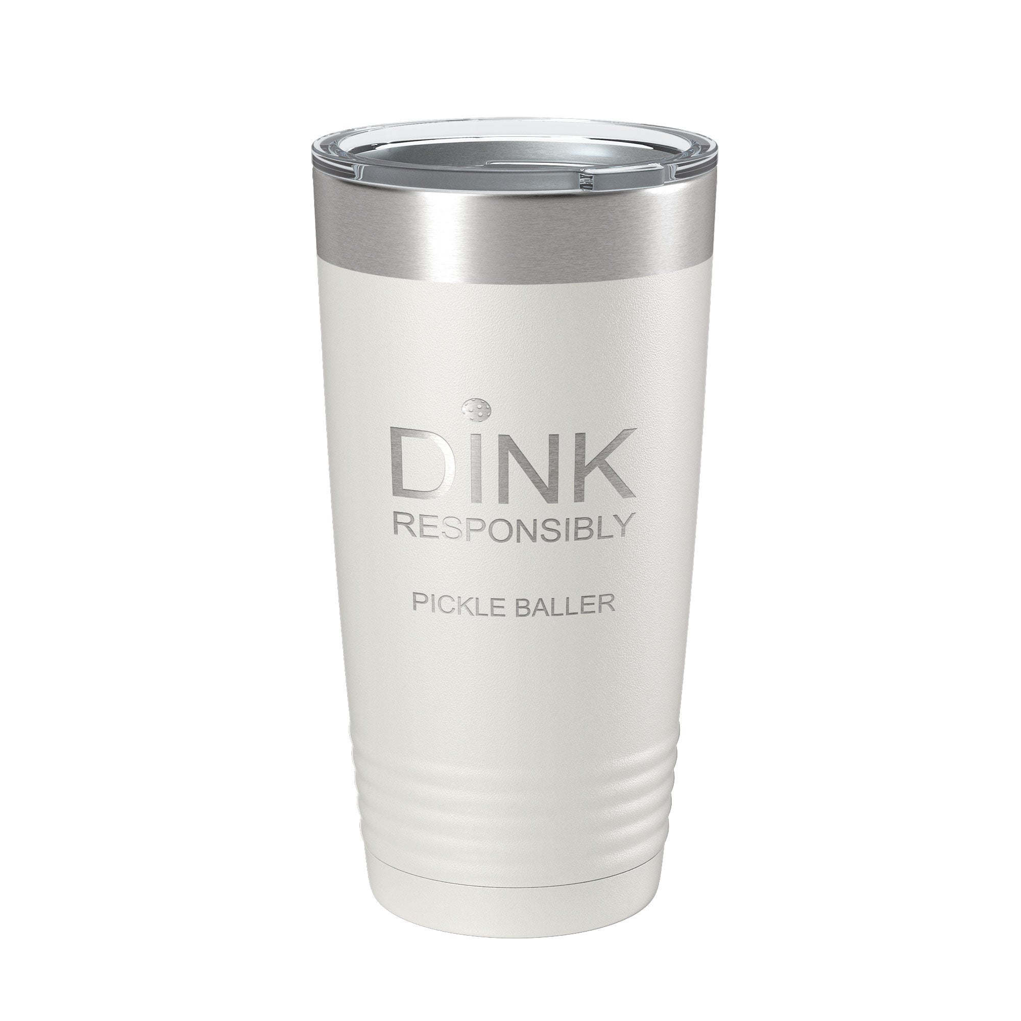 Laser engraved 20 oz stainless steel pickleball tumbler with clear lid and narrow bottom base — view 2