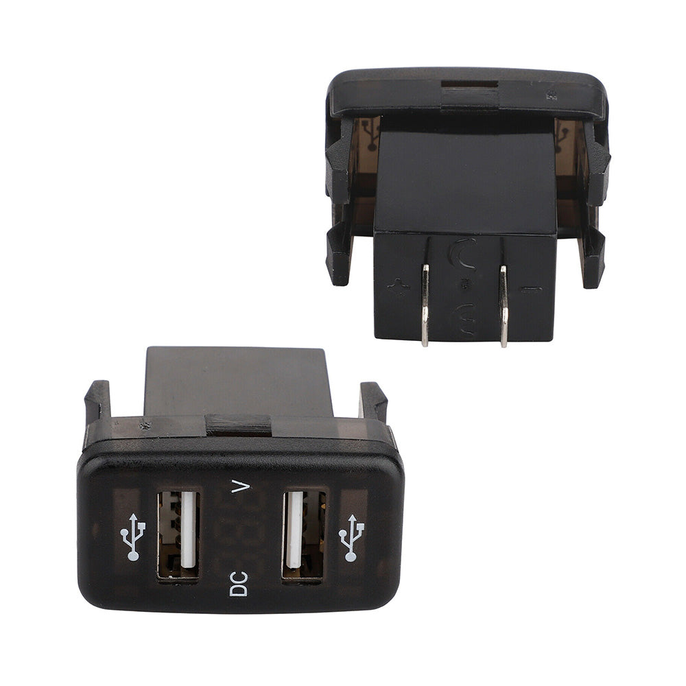 Dual USB car charger socket with blue LED voltmeter display for Toyota dashboards. — view 3
